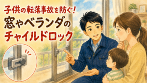 心配するお母さんに窓用のチャイルドロックを優しく説明する正直な鍵屋たこやきのイラスト。画像内に「子供の転落事故を防ぐ！窓やベランダのチャイルドロック」と文字が入っている